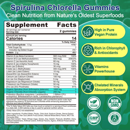 Organic Spirulina & Chlorella Gummies – Probiotic & Super Greens Supplement, 60 Count
