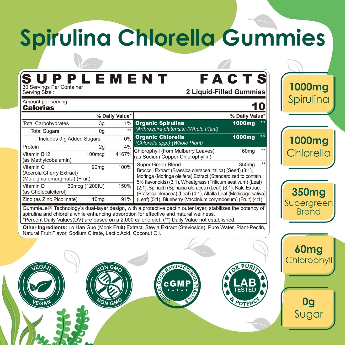 Organic Spirulina & Chlorella Gummies – Vegan Protein, Super Greens, Vitamins C & D3, Zinc & B12 | Sugar Free, 60 Count