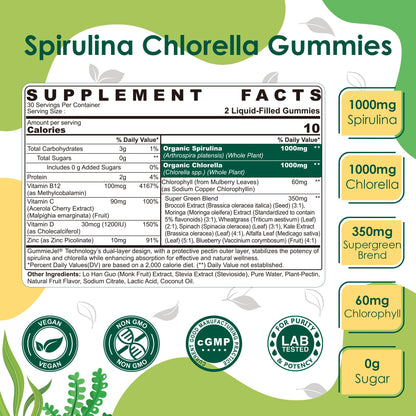 Organic Spirulina & Chlorella Gummies – Vegan Protein, Super Greens, Vitamins C & D3, Zinc & B12 | Sugar Free, 60 Count