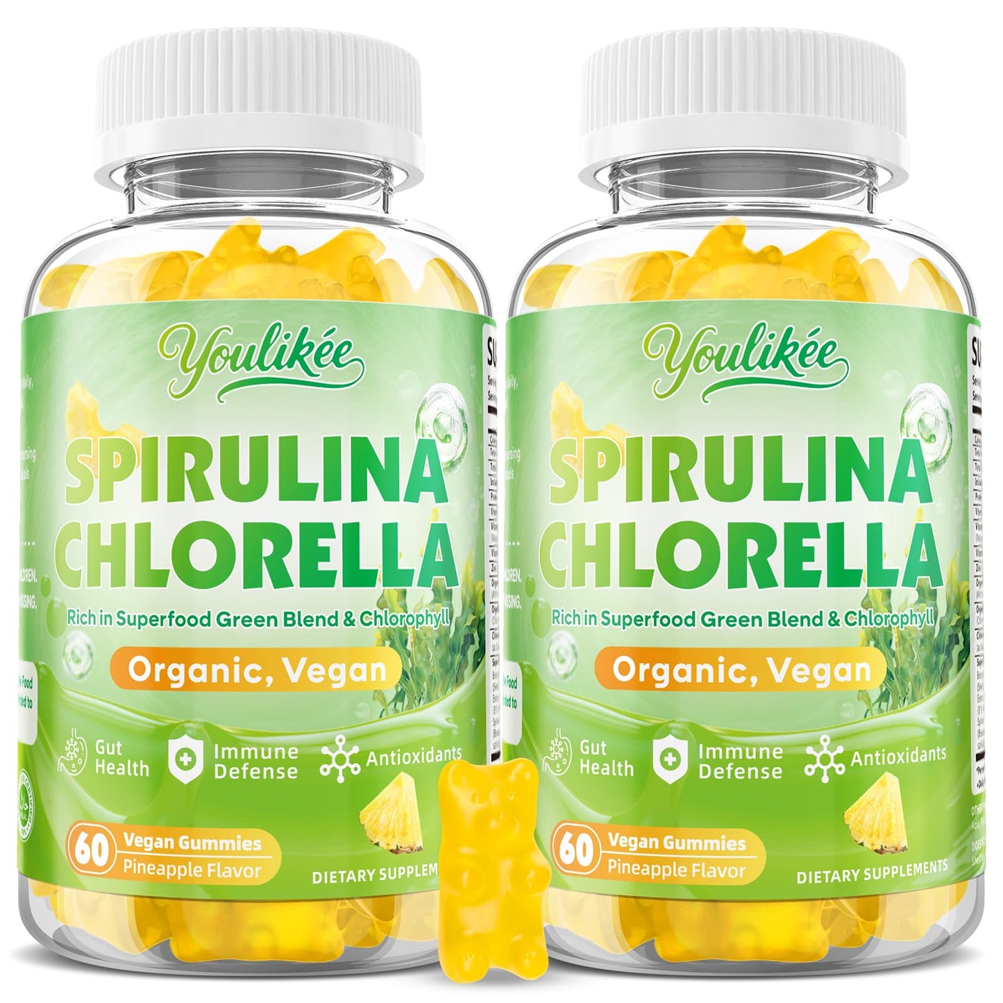 2 Pack Organic Spirulina & Chlorella Gummies – Pineapple Flavor, Vitamin C & Zinc