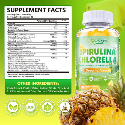 2 Pack Organic Spirulina & Chlorella Gummies – Pineapple Flavor, Vitamin C & Zinc