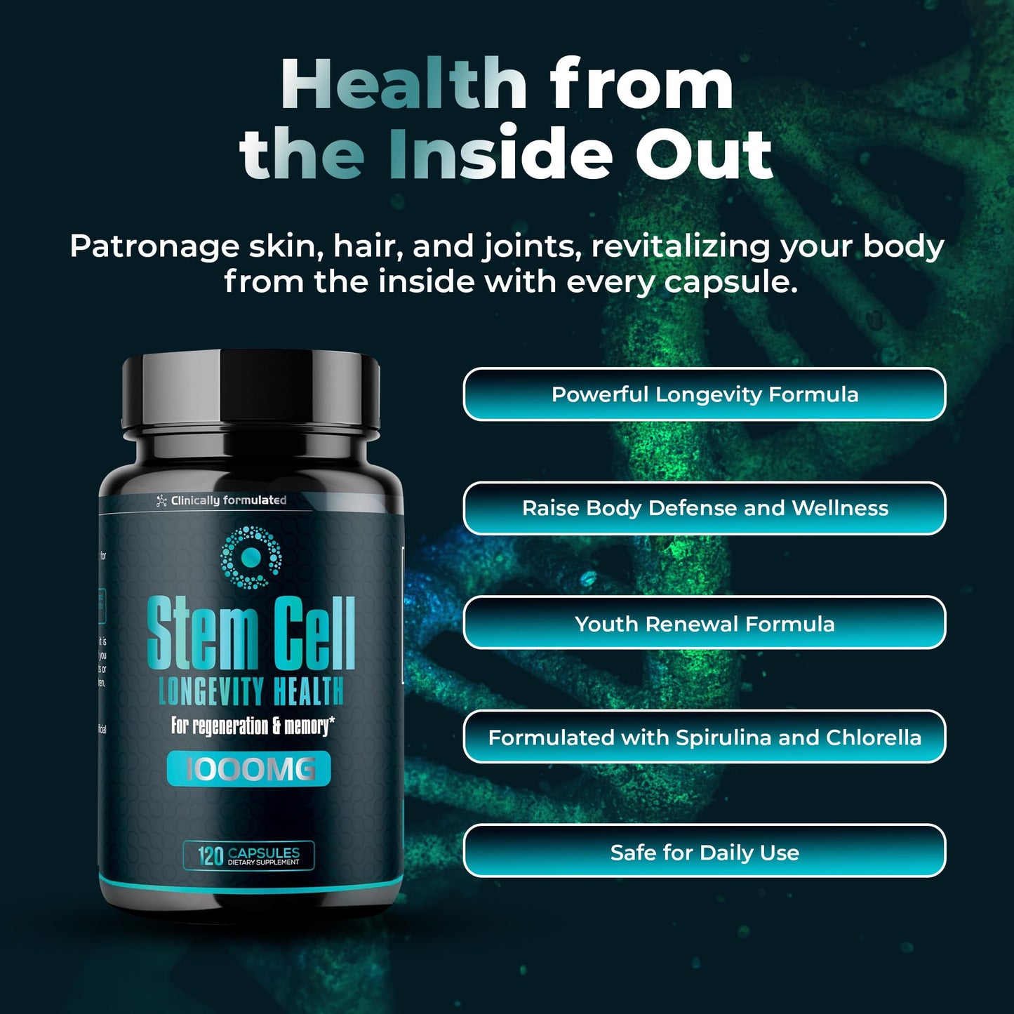 Premium Stem Cell Supplements 1000mg (120 Caps) – Immunity & Anti-Aging with Spirulina & Chlorella