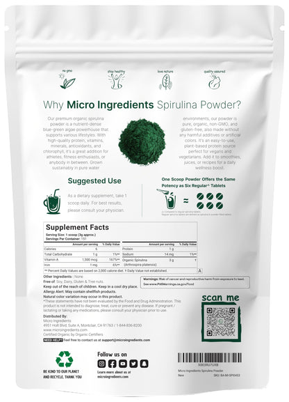 Micro Ingredients Organic Spirulina Powder 1lb | Vegan Protein & Chlorophyll