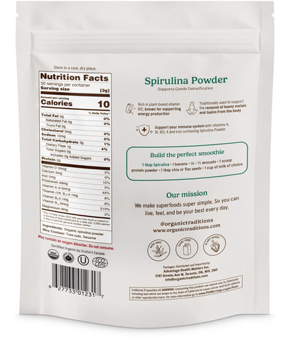 Organic Traditions Spirulina Powder – Organic, Vegan & Non-GMO, 5.3oz (150g) Bag | 50 Servings