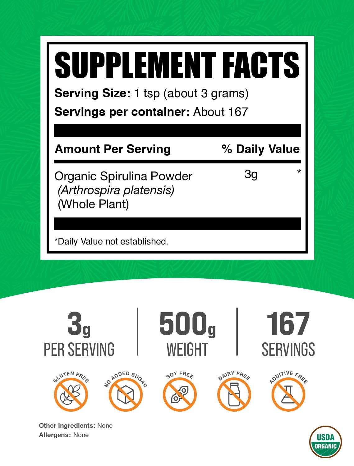 BulkSupplements Organic Spirulina Powder – Green Spirulina, Vegan, 3g/Serving, 500g