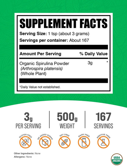 BulkSupplements Organic Spirulina Powder – Green Spirulina, Vegan, 3g/Serving, 500g