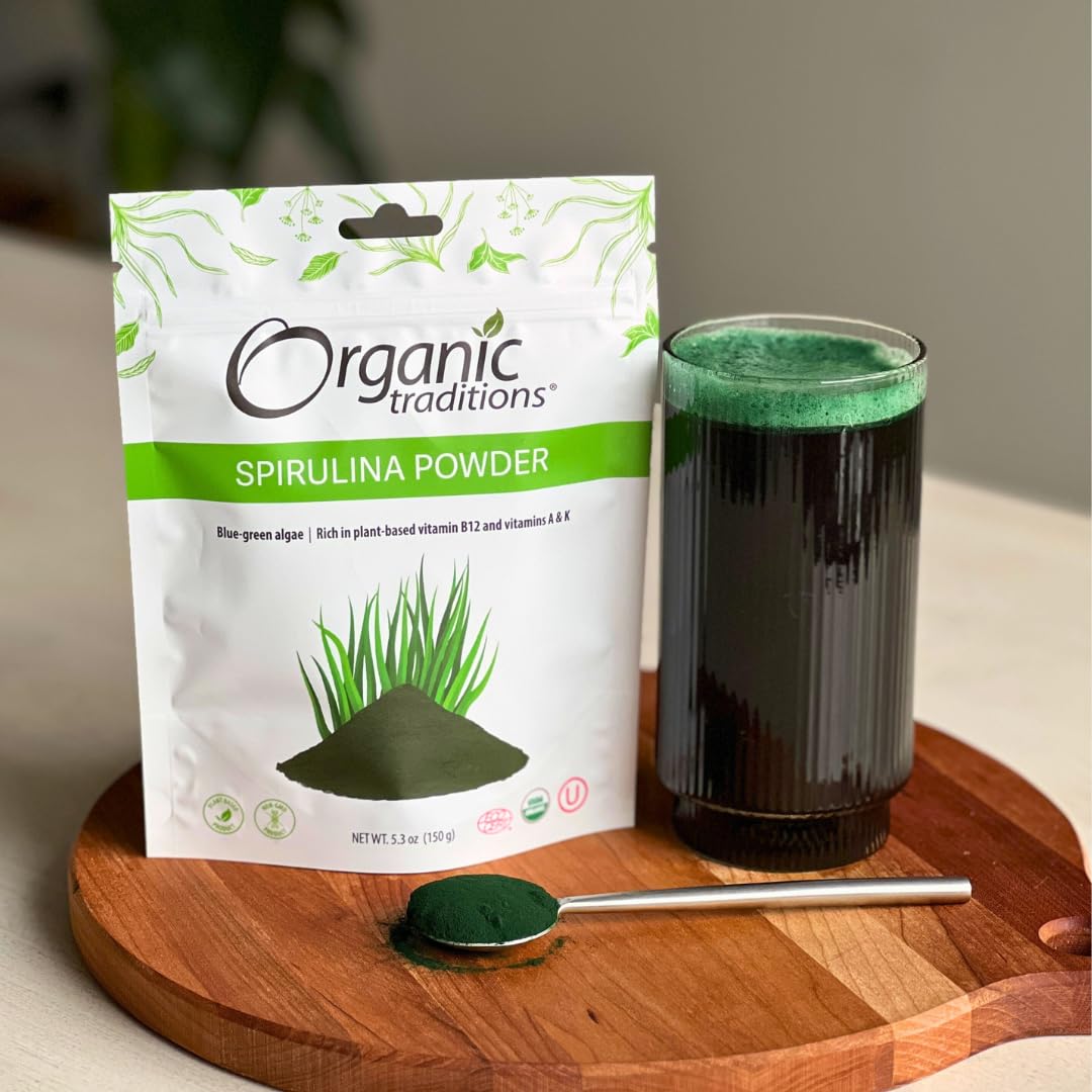 Organic Traditions Spirulina Powder – Organic, Vegan & Non-GMO, 5.3oz (150g) Bag | 50 Servings