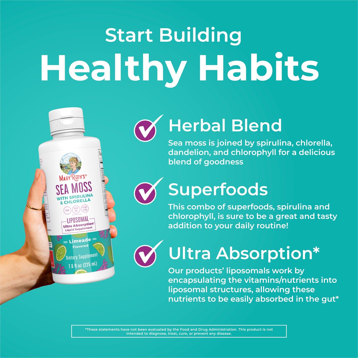 MaryRuth Organics Sea Moss with Spirulina and Chlorella Liposomal | Chlorophyll | Dandelion Root | Superfood | Ultra Absorption | Vegan | Non-GMO | Gluten Free | 7.6 fl oz | 15 Servings