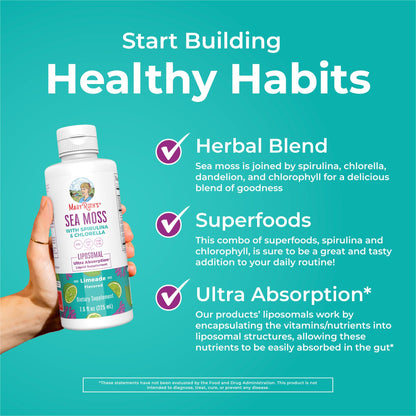 MaryRuth Organics Sea Moss with Spirulina and Chlorella Liposomal | Chlorophyll | Dandelion Root | Superfood | Ultra Absorption | Vegan | Non-GMO | Gluten Free | 7.6 fl oz | 15 Servings