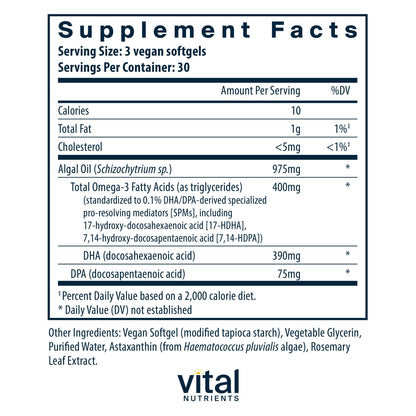 Vital Nutrients Ultra Pure® Vegan Omega SPM+ – Vegan Omega-3 with SPM, 90 Mini Softgels