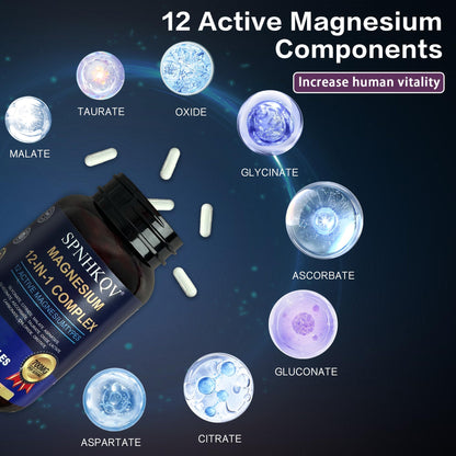 SPNHKQV Magnesium 12-in-1 Complex – 700mg High Absorption Magnesium Glycinate (120 Vegan Capsules)