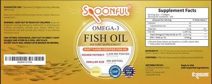 Spoonful Mini Omega-3 Fish Oil – iFOS Certified, 1290 mg/Serving, 300 Softgels, Made in USA