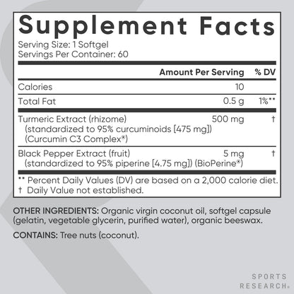 Sports Research Turmeric Curcumin C3 Complex with BioPerine - 60 Softgels, 95% Curcuminoids