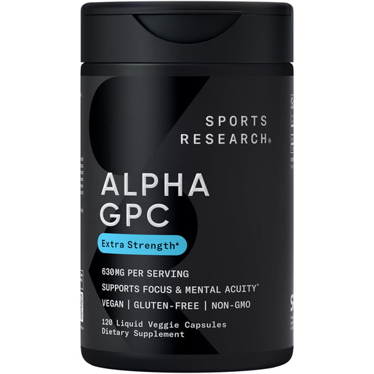 Sports Research® Alpha GPC 630mg (Extra Strength) – Bioavailable Choline for Focus & Cognitive Support | Vegan • Non-GMO • Gluten Free – 120 Liquid Capsules BritishVita | Premium UK Vitamins & Wellness Supplements