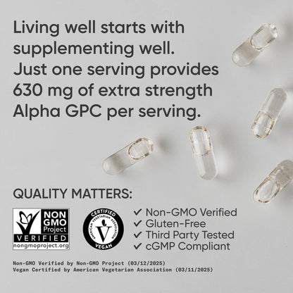 Sports Research® Alpha GPC 630mg (Extra Strength) – Bioavailable Choline for Focus & Cognitive Support | Vegan • Non-GMO • Gluten Free – 120 Liquid Capsules BritishVita | Premium UK Vitamins & Wellness Supplements
