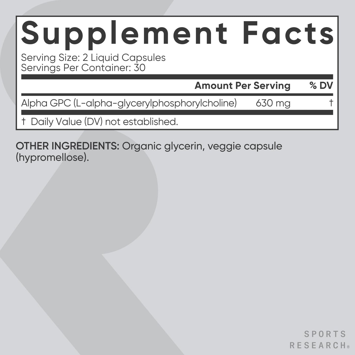Sports Research® Alpha GPC 630mg Extra Strength – Focus & Cognitive Support – 60 Veggie Capsules