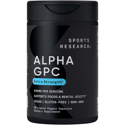 Sports Research® Alpha GPC 630mg Extra Strength – Focus & Cognitive Support – 60 Veggie Capsules