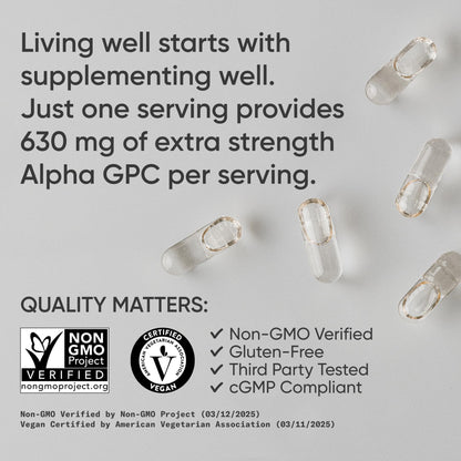 Sports Research® Alpha GPC 630mg Extra Strength – Focus & Cognitive Support – 60 Veggie Capsules