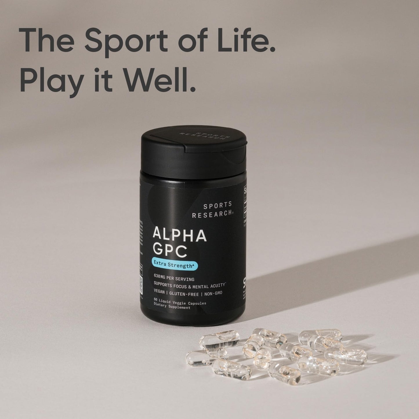 Sports Research® Alpha GPC 630mg Extra Strength – Focus & Cognitive Support – 60 Veggie Capsules