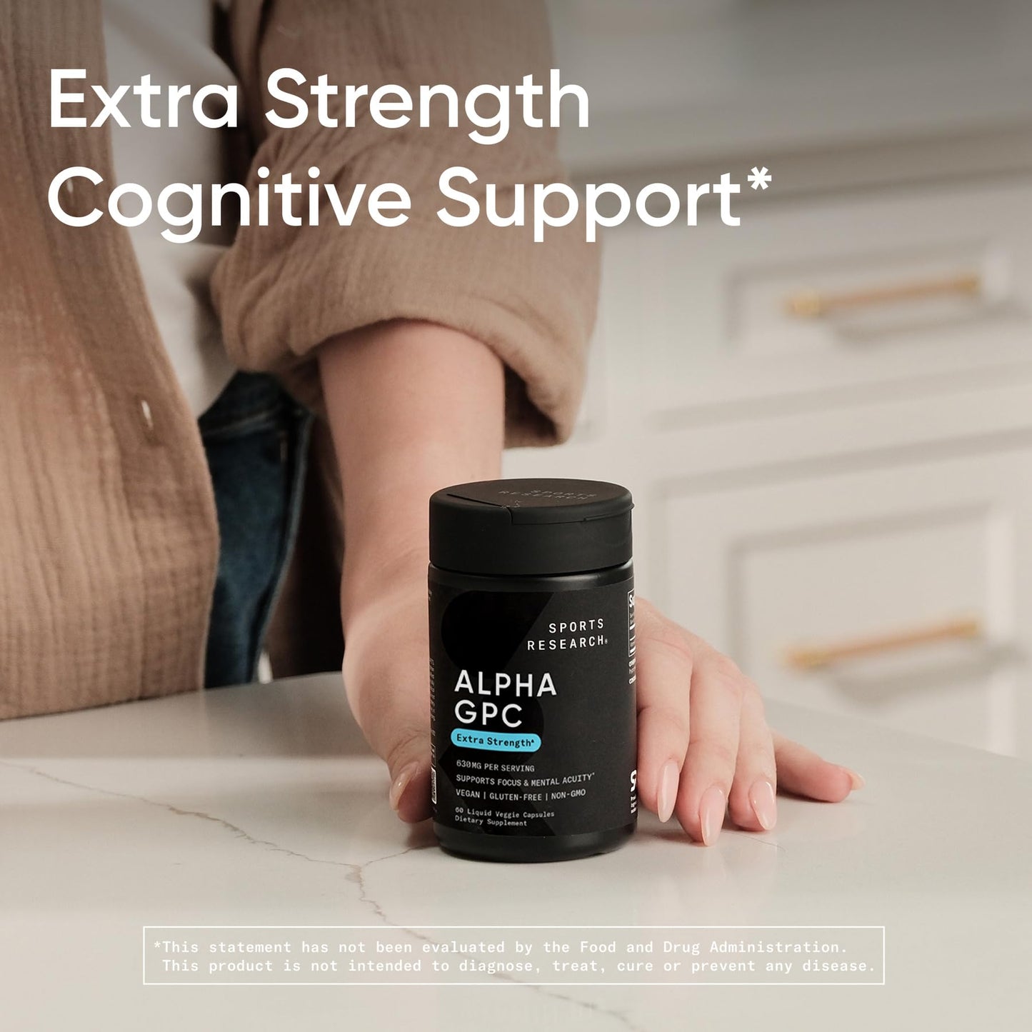 Sports Research® Alpha GPC 630mg Extra Strength – Focus & Cognitive Support – 60 Veggie Capsules