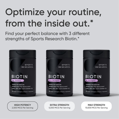 Sports Research Biotin 10,000mcg with Organic Coconut Oil – Vegan, Non-GMO, Gluten & Soy-Free – 120 Veggie Softgels