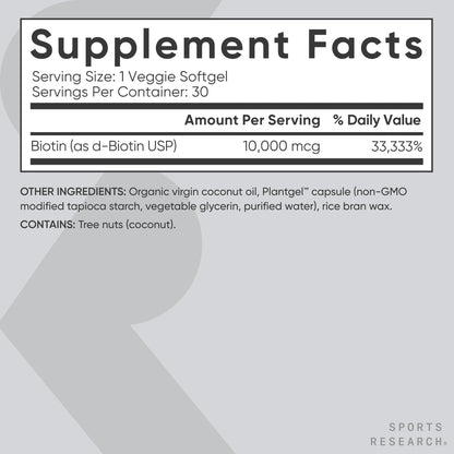 Sports Research Biotin 10,000mcg with Organic Coconut Oil – 30 Veggie Softgels | Vegan, Non-GMO
