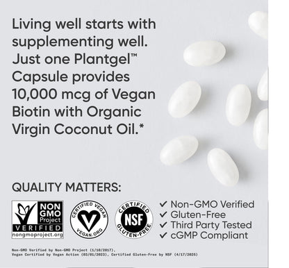 Sports Research Biotin 10,000mcg with Organic Coconut Oil – Vegan, Non-GMO, Gluten & Soy-Free – 120 Veggie Softgels