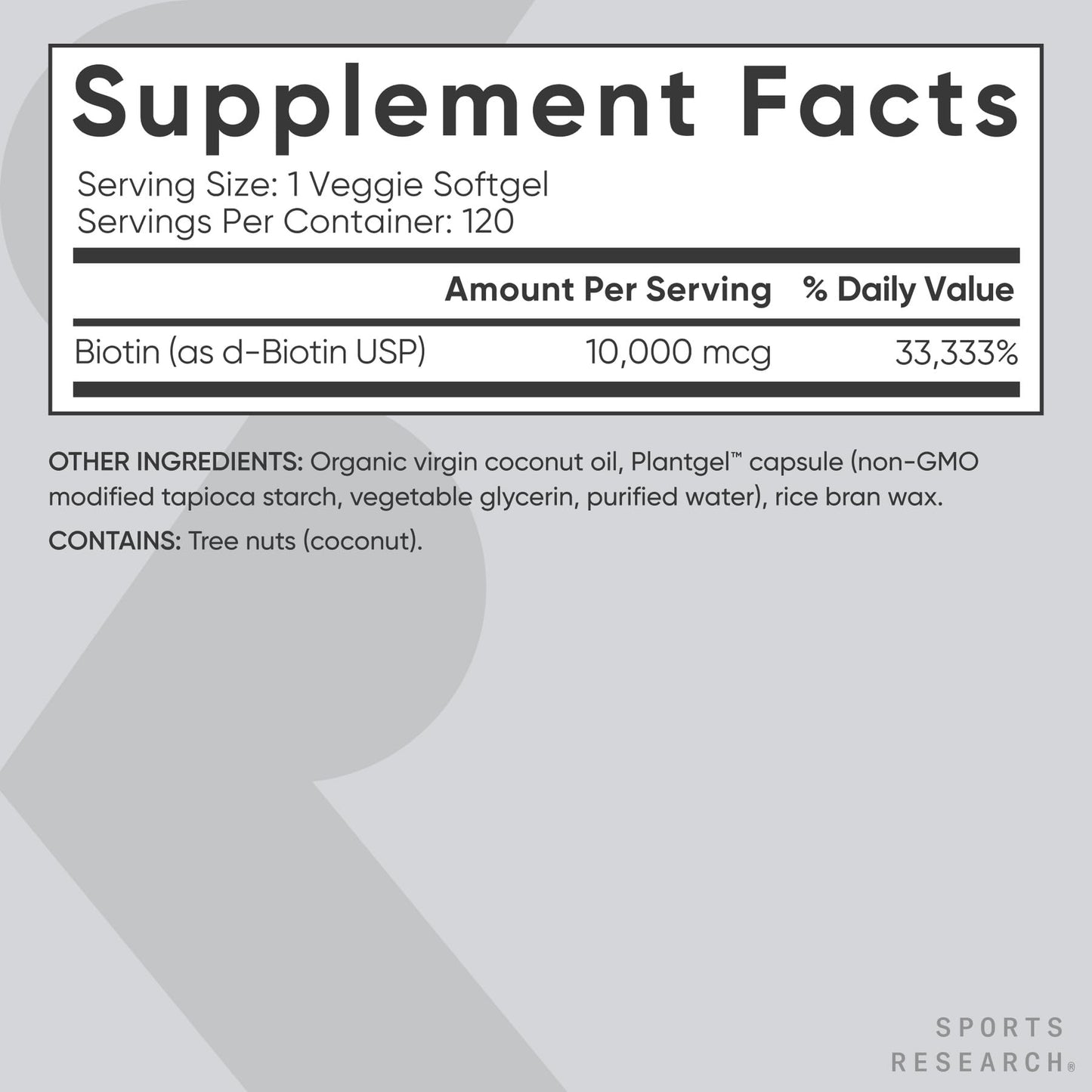 Sports Research Biotin 10,000mcg with Organic Coconut Oil – Vegan, Non-GMO, Gluten & Soy-Free – 120 Veggie Softgels