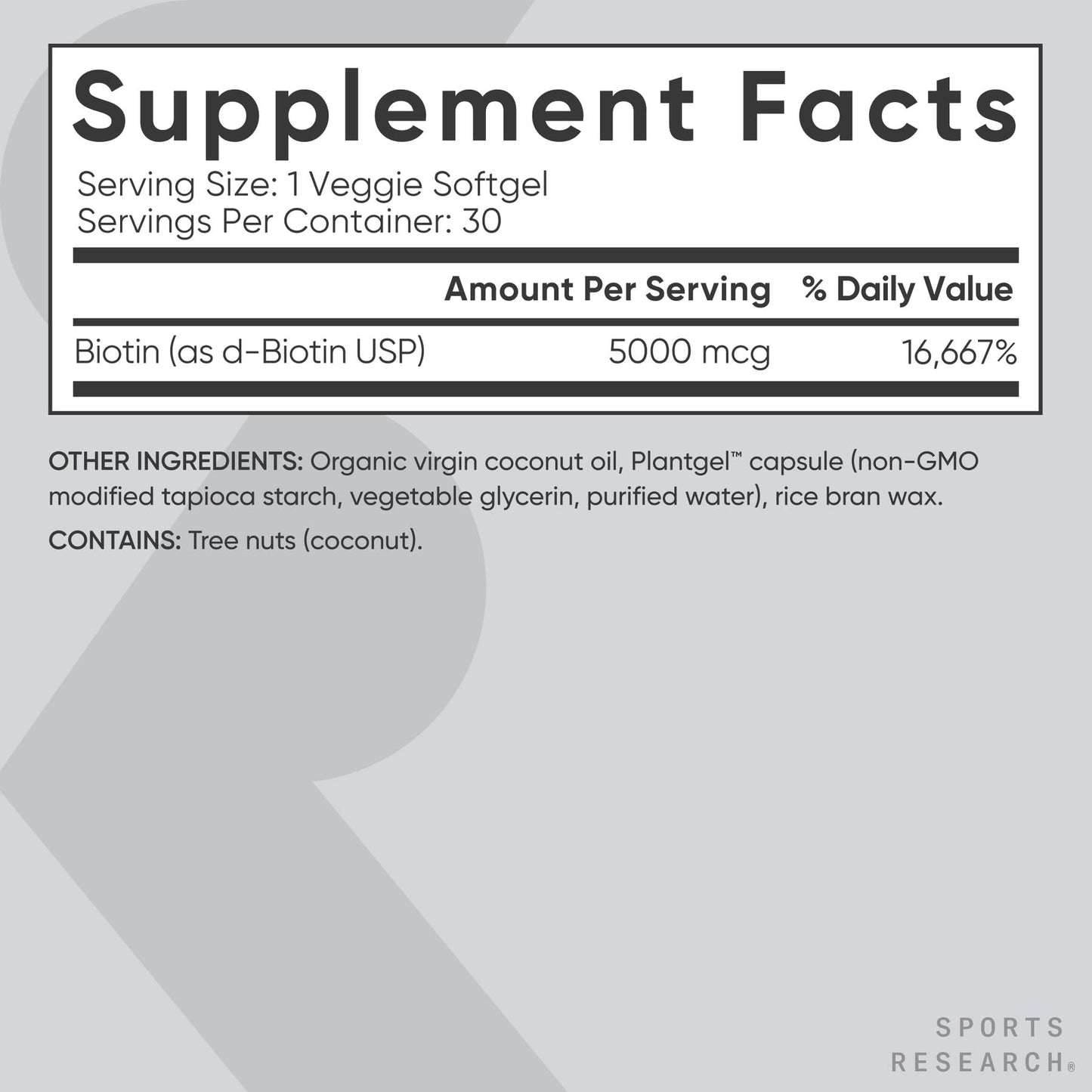 Sports Research Biotin 5000mcg with Organic Coconut Oil | Hair & Skin Support