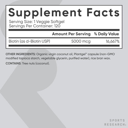 Sports Research Biotin 5,000 mcg with Organic Coconut Oil | Healthy Hair & Skin