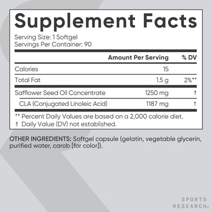Sports Research CLA - 1250mg with Active Conjugated Linoleic Acid for Men and Women | Non-GMO, Soy & Gluten Free - 95% (90 Softgels)