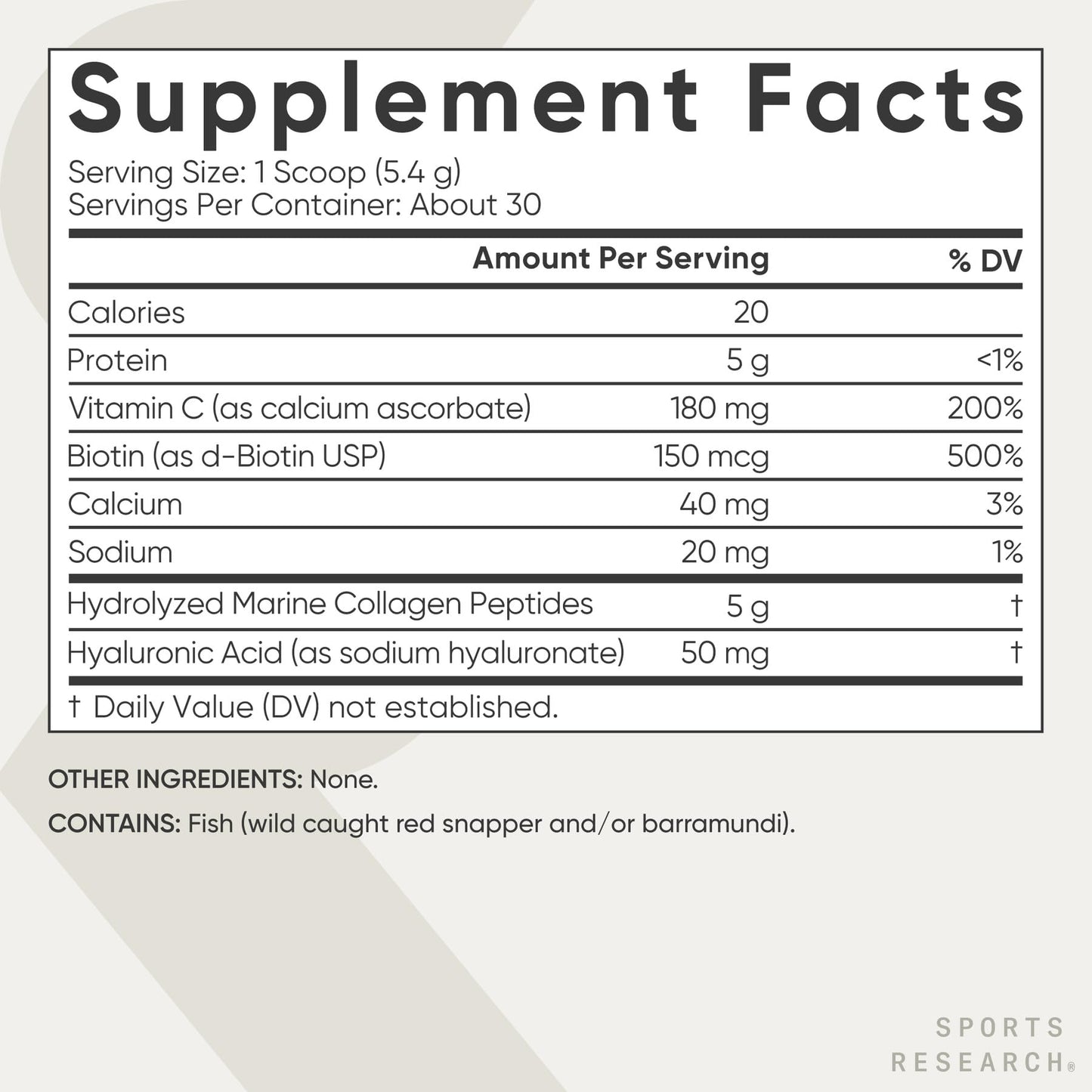Sports Research Collagen Beauty Complex – Hyaluronic Acid, Vitamin C + Biotin | Unflavored (30 Servings)