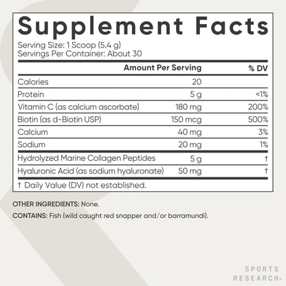 Sports Research Collagen Beauty Complex – Hyaluronic Acid, Vitamin C + Biotin | Unflavored (30 Servings)
