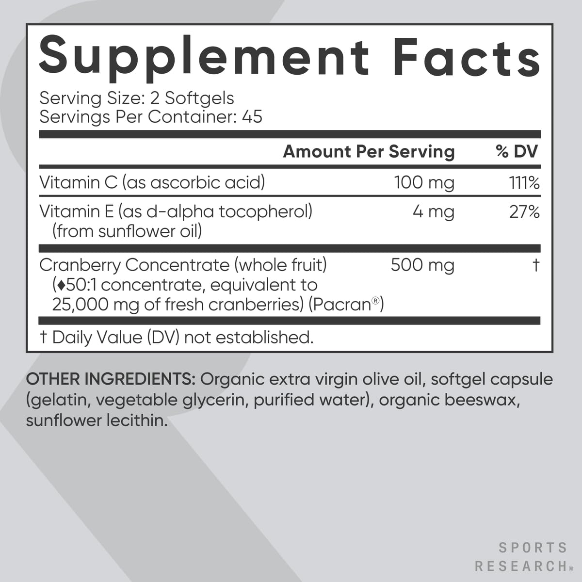 Sports Research Cranberry Fruit Complex Softgels – Urinary Tract Health Support | Pacran & Vitamins C & E