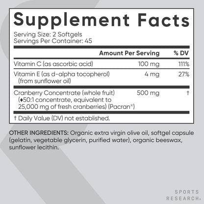 Sports Research Cranberry Fruit Complex Softgels – Urinary Tract Health Support | Pacran & Vitamins C & E
