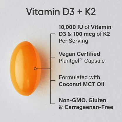 Sports Research Vitamin D3 + K2 | 10,000 IU Plant-Based D3 + 100 mcg MK-7, 60ct