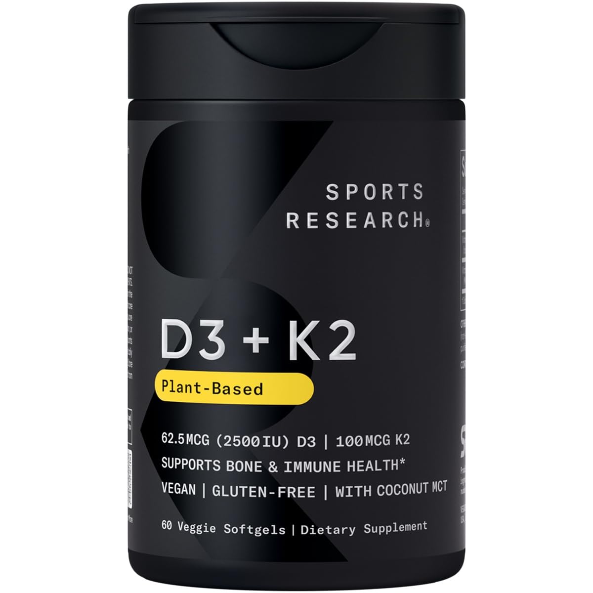 Sports Research Vitamin D3 + K2 with Coconut Oil – Vegan D3 2500 IU (62.5 mcg) & MK-7 K2 100 mcg for Bone & Immune Support - Vegan Certified • Non-GMO • Soy Free - 60 Softgels