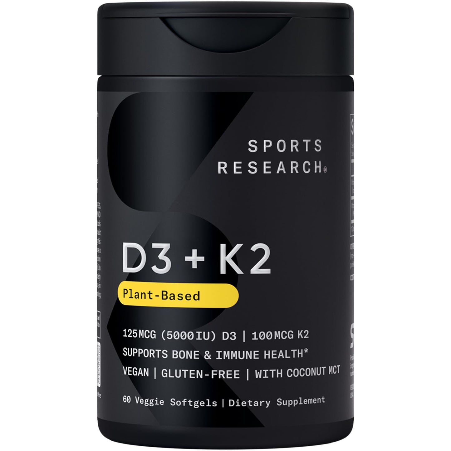 Sports Research D3 + K2 with Coconut Oil – Vegan D3 5000 IU, K2 100 mcg MK-7 | 60 Softgels