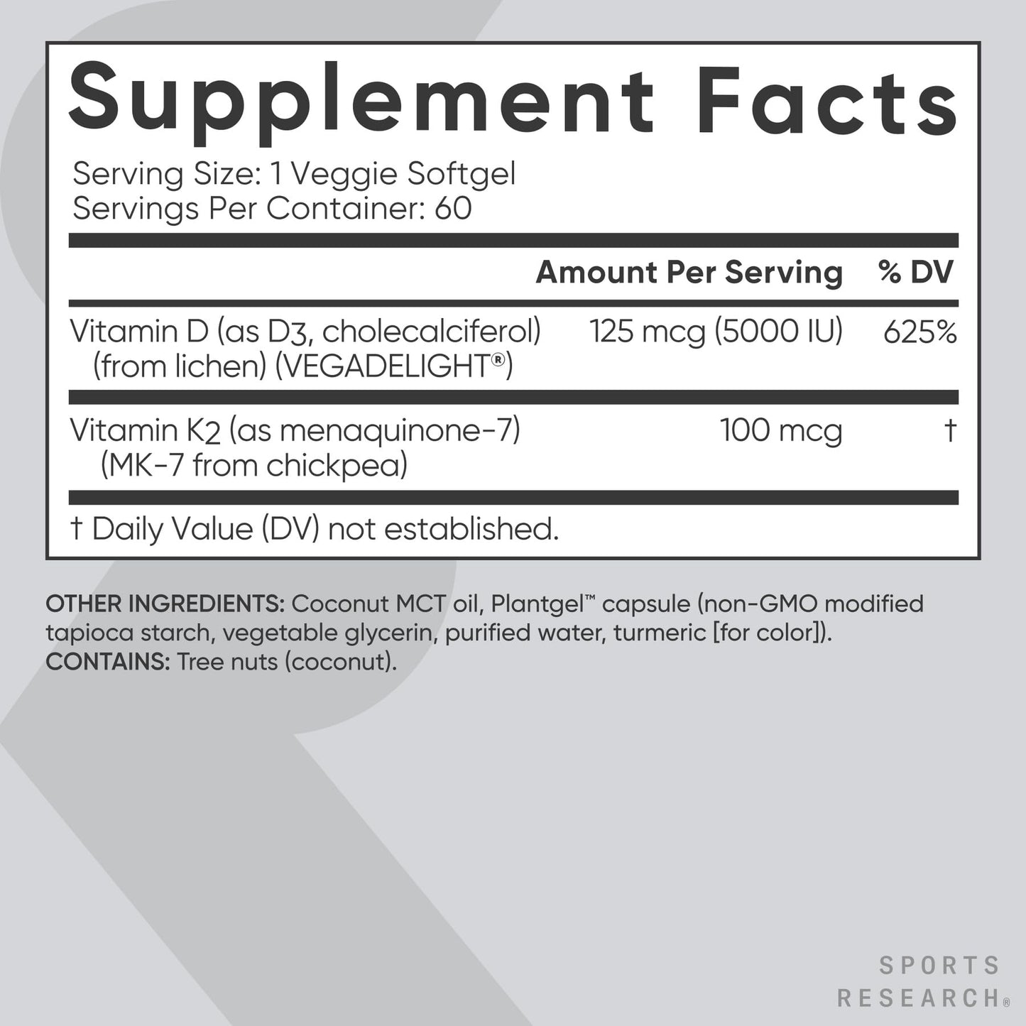 Sports Research D3 + K2 with Coconut Oil – Vegan D3 5000 IU, K2 100 mcg MK-7 | 60 Softgels