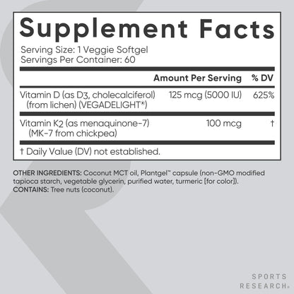 Sports Research D3 + K2 with Coconut Oil – Vegan D3 5000 IU, K2 100 mcg MK-7 | 60 Softgels