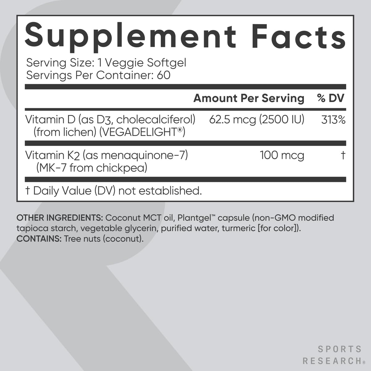 Sports Research Vitamin D3 + K2 with Coconut Oil – Vegan D3 2500 IU (62.5 mcg) & MK-7 K2 100 mcg for Bone & Immune Support - Vegan Certified • Non-GMO • Soy Free - 60 Softgels