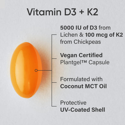 Sports Research D3 + K2 with Coconut Oil – Vegan D3 5000 IU, K2 100 mcg MK-7 | 60 Softgels