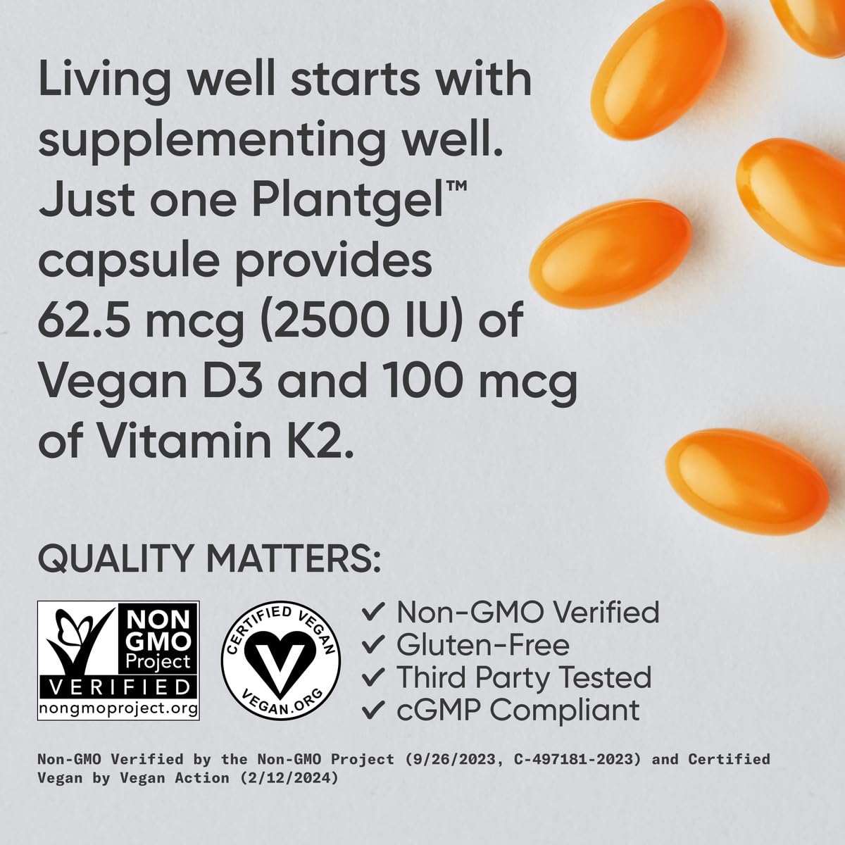 Sports Research Vitamin D3 + K2 with Coconut Oil – Vegan D3 2500 IU (62.5 mcg) & MK-7 K2 100 mcg for Bone & Immune Support - Vegan Certified • Non-GMO • Soy Free - 60 Softgels