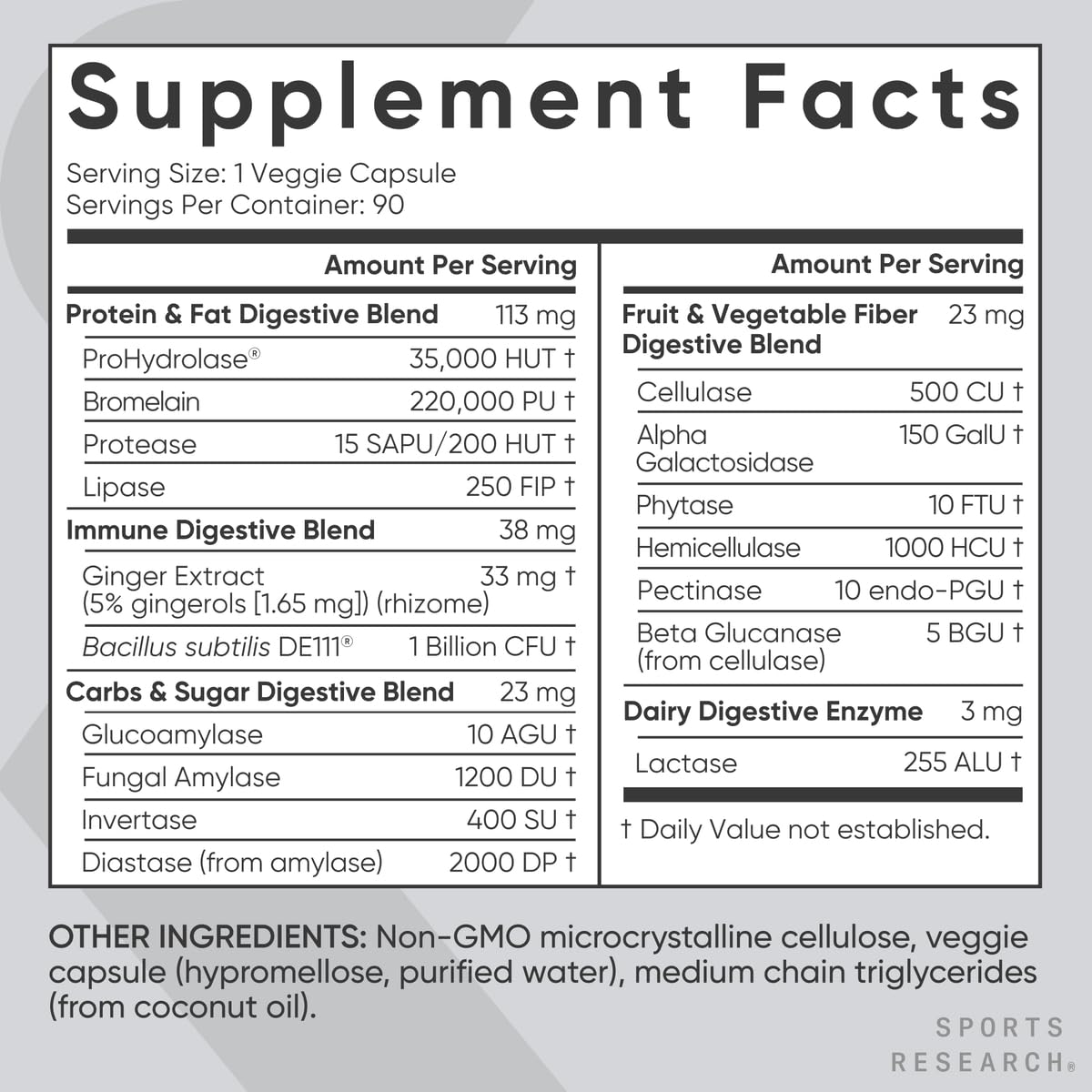Sports Research Digestive Enzymes with Probiotics & Ginger - Plant-Based, Non-GMO, Vegan - 90 Veggie Capsules
