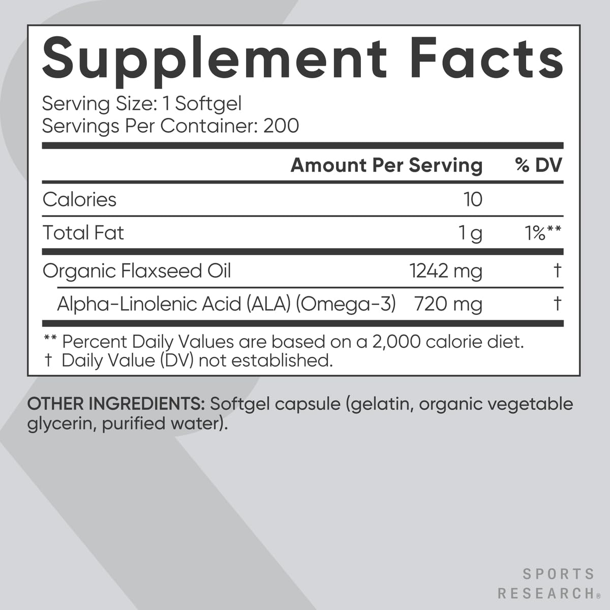 Sports Research Flaxseed Oil Softgels 1242mg - Plant-Based Omega-3 | Non-GMO, Soy & Gluten Free (200 Count)