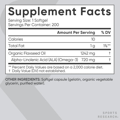 Sports Research Flaxseed Oil Softgels 1242mg - Plant-Based Omega-3 | Non-GMO, Soy & Gluten Free (200 Count)