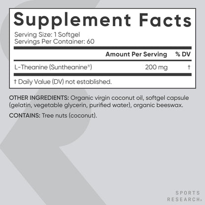Sports Research Double Strength L-Theanine – Suntheanine Softgels, 200mg, 60 Count