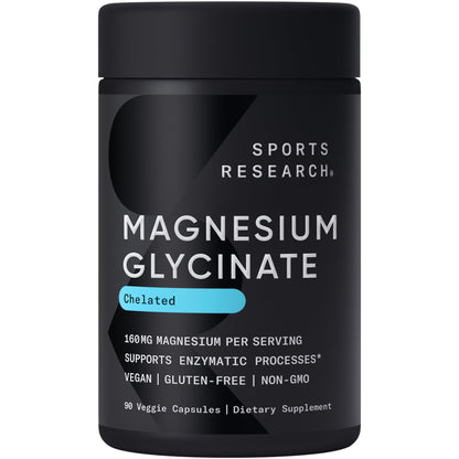 Sports Research Magnesium Glycinate 160 mg | Chelated, Vegan Capsule – 90 Count