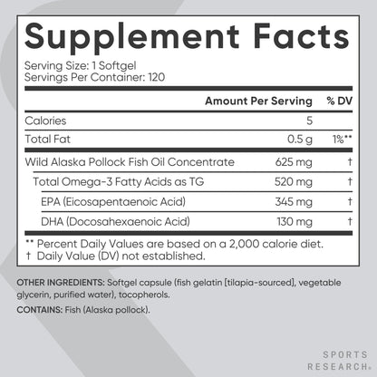 Sports Research Omega-3 Mini-Softgels — Wild Alaska Pollock, MSC Certified, 120 Count