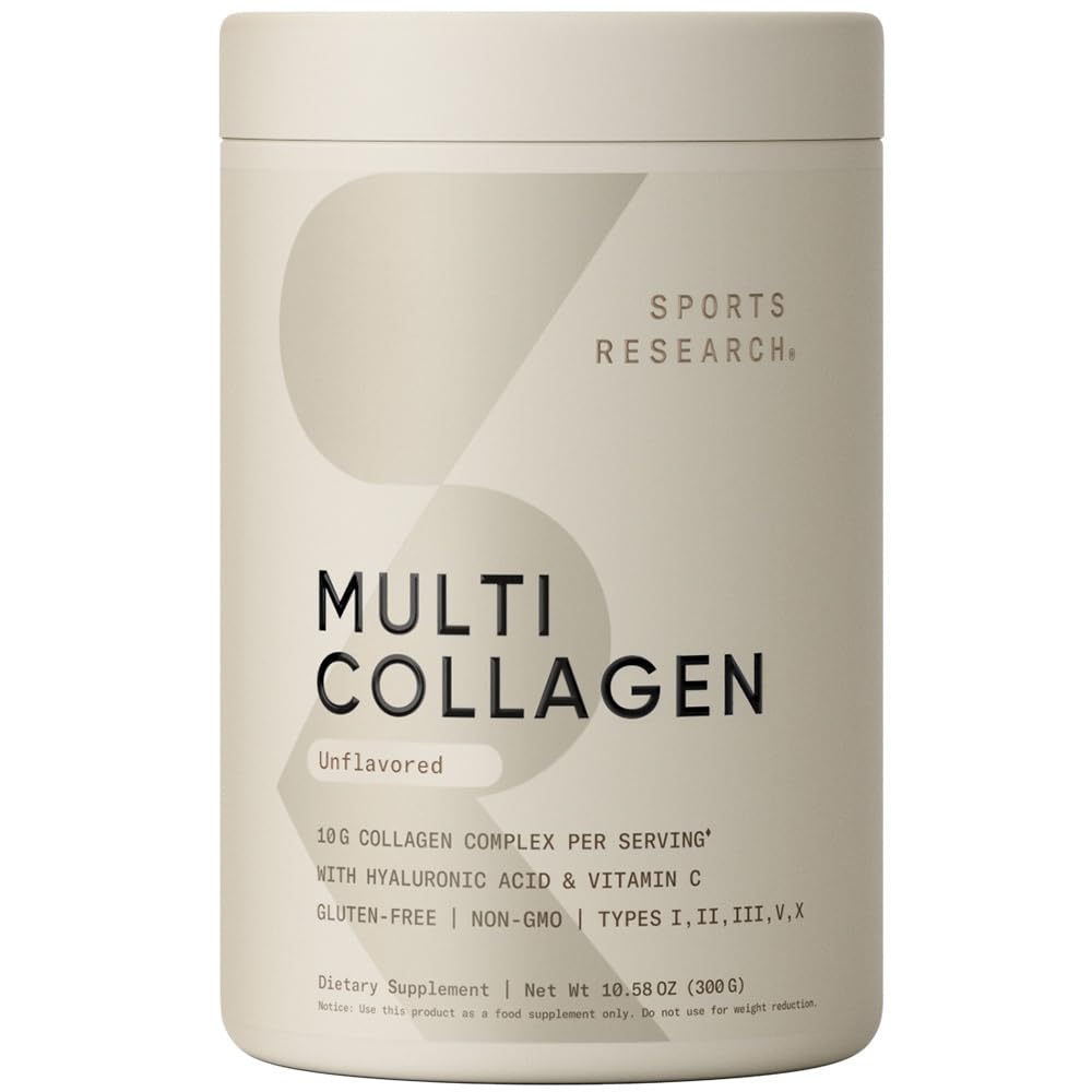 Sports Research® Multi Collagen Protein Powder – Food-Sourced Peptides (I, II, III, V, X) with Hyaluronic Acid & Vitamin C – Gluten Free, Non-GMO, 30 Servings (Unflavored)
